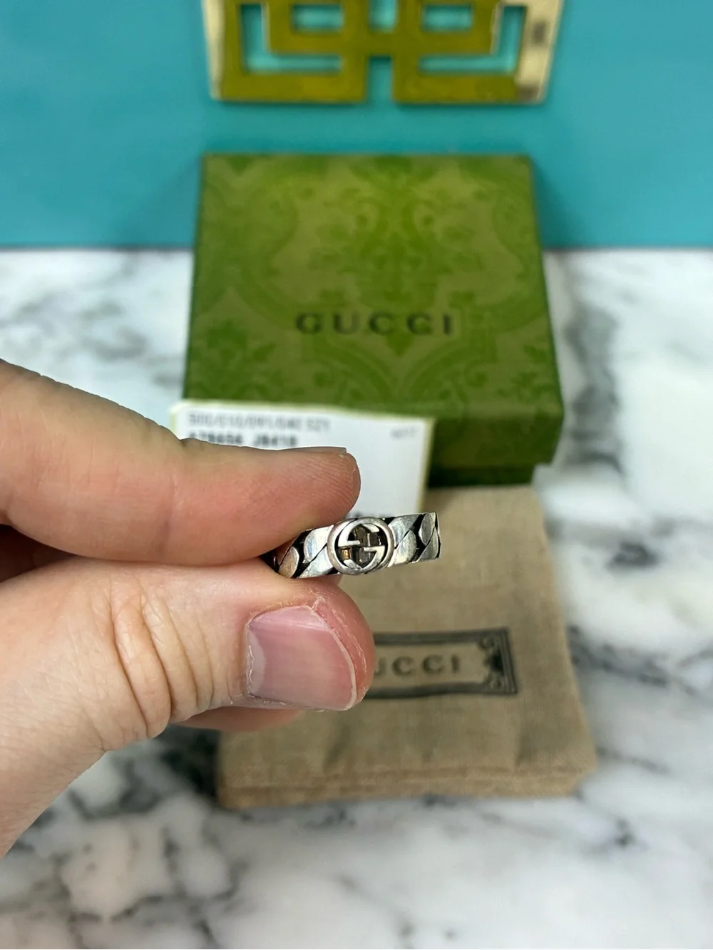 NWT Gucci Silver 925 Black Interlocking GG Ring - IT Size 18 = 8.25 US
